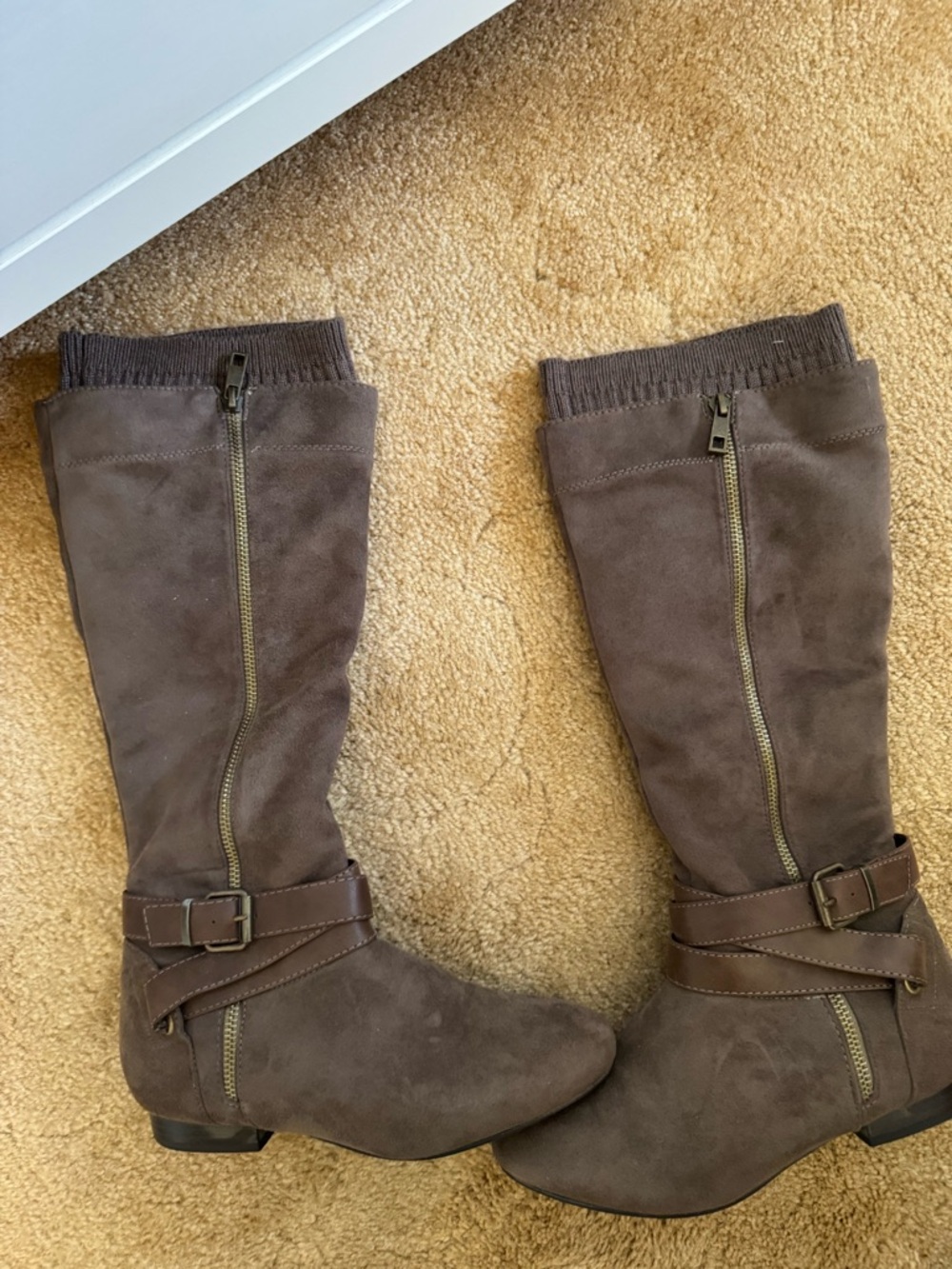 Suede Knee-High Zip Boots in Taupe